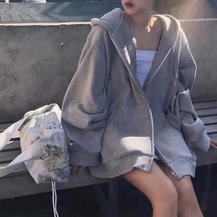 Grey Hooded Sweatshirt Women's Loose-fit Fleece-lined Casual Sports Jacket Spring Autumn Long Sleeve Zip-up Cardigan Top