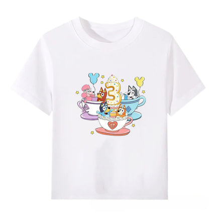 Bluey Children's White Short Sleeve T-Shirt 100% Cotton Number Series Cute Cartoon Tee for Boys and Girls