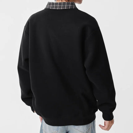 Retro Plaid Polo Neck Sweatshirt for Men and Women Heavyweight Cotton Soft Fake Two-Piece V-Neck Long Sleeve