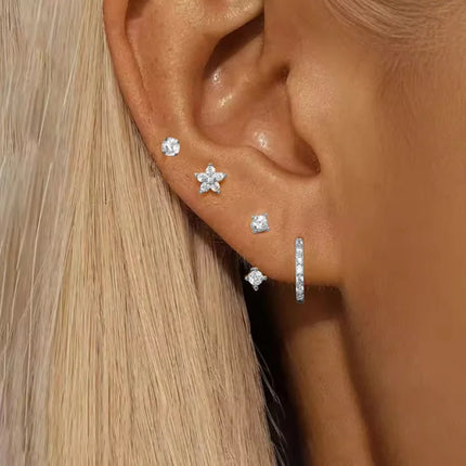 4PCS Fashion Zircon Round Hoop Earring Set Women Temperament Flower Ear Stud Huggie Earring Tragus Piercing Cartilage Jewelry