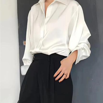Plus Size Casual Women Silk Shirt 2025 New Fashion Loose Long Sleeve Button-Down Blouse Female Elegant Top Office Acetate Shirts