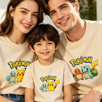 2026 Summer Pokemon Pikachu & Squirtle Family Matching T-Shirts, 100% Cotton Parent-Child Tops for Outdoor Play & Travel Y2k