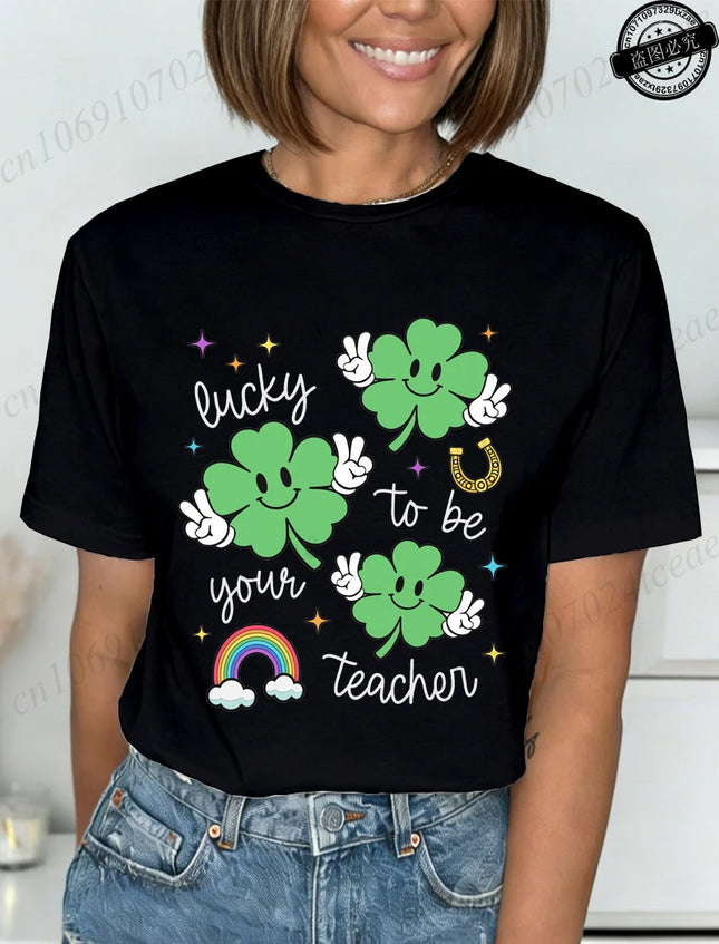 St Patrick's Day Teacher Shirt, Lucky Teacher Women's T-Shirts，Retro T-Shirts，unisex Tops Tees,short Sleeve Women's Clothing