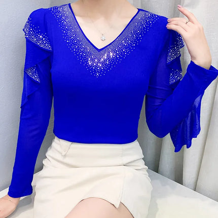 2025 Autumn New Style Mesh Tops Korean Fashion Round Neck Ruffles Shirt Lotus Leaf Edge Hot Diamond Long Sleeve Women T Shirt