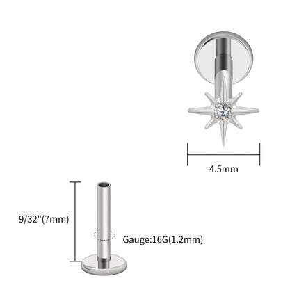 Right Grand ASTM F136 Titanium CZ North Star Flat Back Earring 16G Tiny Starburst Helix Cartilage Stud Earlobe Piercing Jewelry