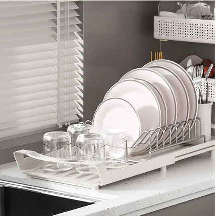 Extendable Dish Drying Rack Large Capacity Space Saving Utensil Storage Holder Hollow Design Dinnerware Organizer Dish Drainer