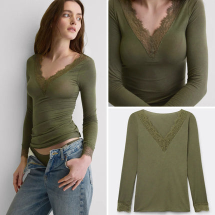 Absobe Long Sleeve Lace Trim T-shirt Women Sexy Low Cut V-Neck Patchwork Versatile Slim Female Top Solid Color Casual Streetwear