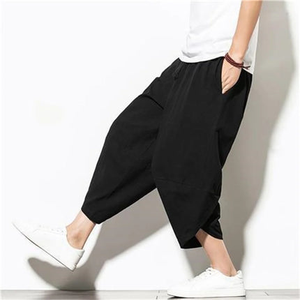 Harajuku Summer Loose Calf Length Casual Pants Men Wide Leg Cotton Linen Printing Baggy Pants Oversize Men's Trousers