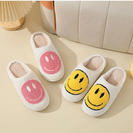 Cute Smiles Women's Fluffy Slippers Winter Indoor Closed Toe Warm Couple Slippers Woman Non-slip Flat Heel Fur Home Slides Shoes