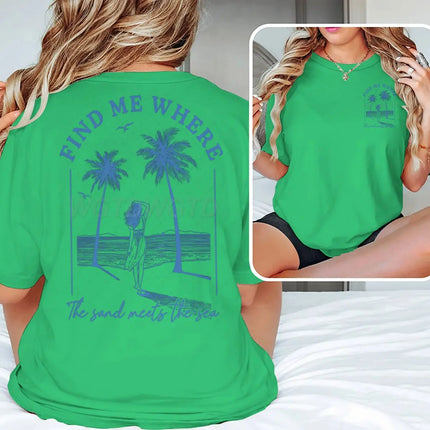 "Find Me Where The Sand Meets The Sea" T-shirts Women Vintage Ocean Beach Series Casual Short Sleeve Y2K Tops Summer Tshirts