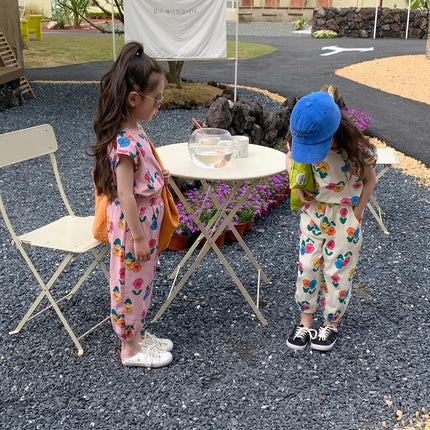2026 Summer Children Girls 2PCS Clothes Set Cotton Floral Printed Short Sleeve Tees Suits Loose Cropped Pants Kids Girls Outfits