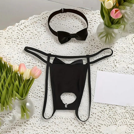 Sexy Bow Crotchless Thong Men's Hollow Lingerie Panties with Bow Collar Set Tuxedo Waiter Server G-String Costume Cosplay Outfit