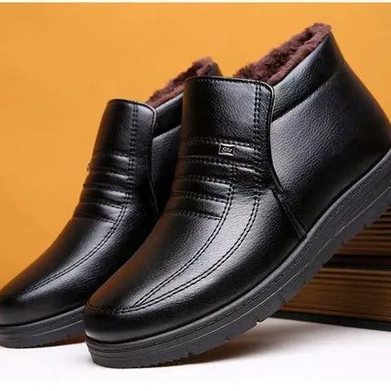 Men's Winter Thickened High-Top Cotton Shoes Warm Fleece Lined Leather Boots Anti-Slip Comfortable for Elderly And Dad