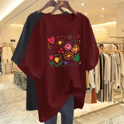 Women Clothing Chic Hand-painted Printing Basic T-shirt Summer Fashion Pure Cotton Round Neck Short Sleeve Tees Casual Loose Top