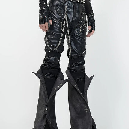 Mauroicardi Spring Skinny Black Pu Leather Motorcycle Pencil Pants for Men with Detachable Leg Covers Alternative Punk Clothes