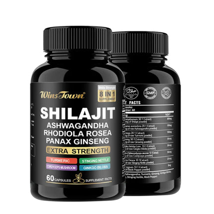 Shilajit Supplement, 8 in 1 Himalayan Shilajit Capsules for Men Women with Ashwagandha, Rhodiola Rosea, Panax, Ginseng 60 Count