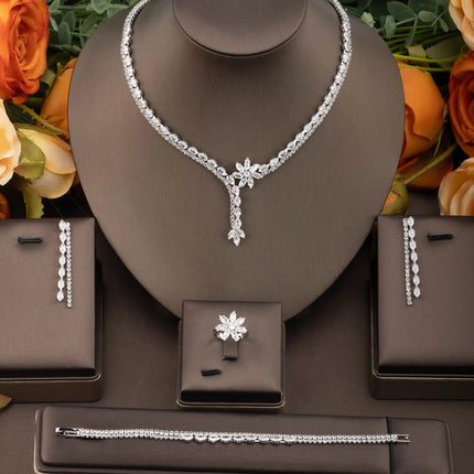 Leaf Water Drop 4pcs Necklace Pendant Set for Women Cubic Zirconia Dubia Nigeria Bridal Wedding Jewelry Set Bijoux S-351