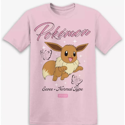 Bandai New Pokemon Genie Eevee Butterfly Print High Quality Fashion Men's Short Sleeve Parent-Child Loose Comfortable T-Shirt