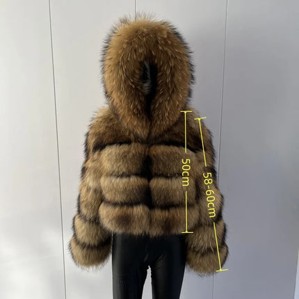 BEIZIRU Women's Real Raccoon Fur Coat Winter Long Sleeve Hooded Jacket with Turndown Collar Natural Luxury Thick Top