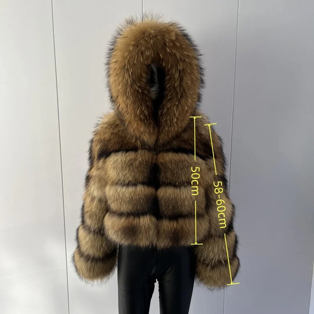 BEIZIRU Women's Real Raccoon Fur Coat Winter Long Sleeve Hooded Jacket with Turndown Collar Natural Luxury Thick Top