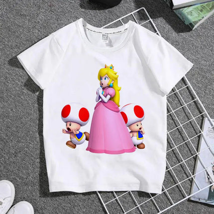 The New 2026 Super Mario Mary Cartoon Parent-child Outfit Male and Female Students Summer White T-shirt with Short Sleeves