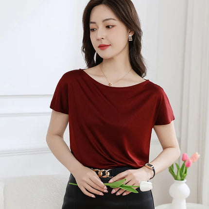 Summer women's short sleeved acetate fabric high-end knitted women's T-shirt thin European style hot selling women's T-shirt
