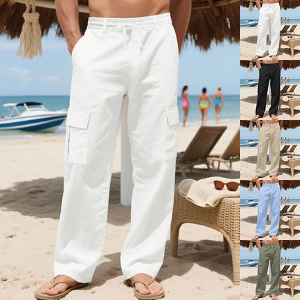 2026 Summer Men'S Cotton And Linen Pants Multiple Pockets Breathable Loose Drawstring Straight Leg Pants Sports And Casual Pants