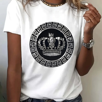 Luxury Crown Medallion Women's Tee - Modern Chic Graphic, Casual White Top