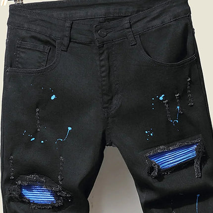 Men's Jeans Cool Ripped Skinny Trousers Stretch Slim Denim Pants Patchwork Hip Hop Black Blue Casual Jogging Jeans for Men
