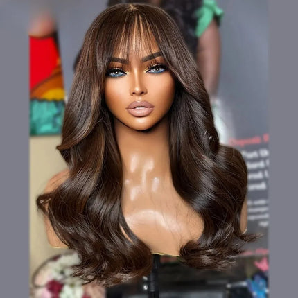 Ombre Brown With Bangs Colored 13x4 Synthetic Lace Frontal Wig Glueless Pre-Plucked Body Wave Wig For Women Daily Wear Cosplay