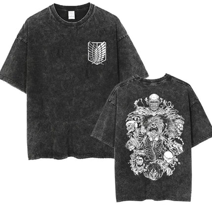 Anime Attack on Titan Vintage Washed Print T-shirt Mikasa Ackerman Eren Jaeger Wings of Freedom Logo Men's Summer Cotton T-shirts