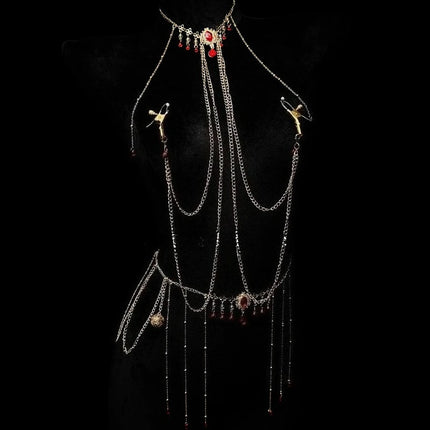 Red Ruby Nipple Clamps with Collar and Body Chain Waist Chain Sexy BDSM Training Adjustable Accessories for Women Adult Sex Toys