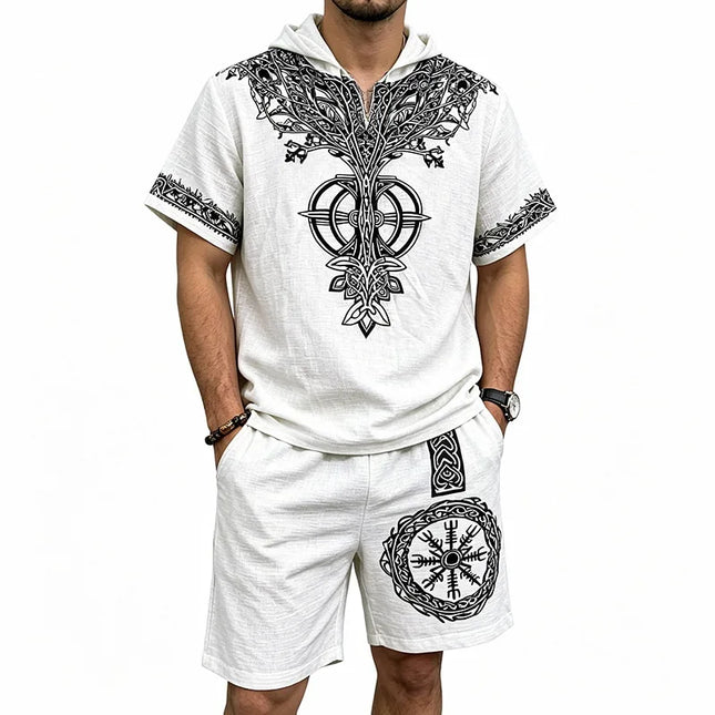 Men Cotton Linen 2 Piece Outfit Viking Tree of Life Print Short Sleeve Hoodie & Shorts Set Summer Loose Casual Beach Matching Tr