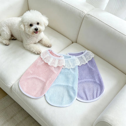 Adorable lace-edged pet tank tops in three colors, cooling mesh for dogs, anti-shedding clothes for cats