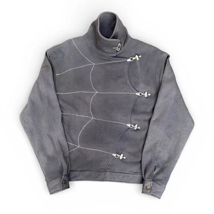 Women's Punk Grunge Jacket Grey Spider Web Embellished Asymmetric Hook Closure High Neck Fitted Cropped Coat 2026