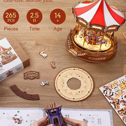 Robotime 3D Wooden Puzzle Carousel Music Box With LED Lights Gear Model Building Construction Craft Kits Xmas Gifts for Adult
