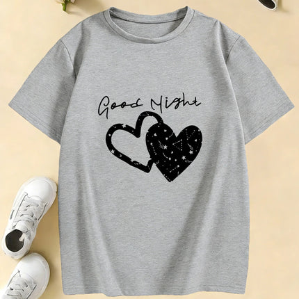 Good Night with Love Heart T-Shirts Short Sleeve Kids Children's T-shirt Boys Girls Summer Spring Casual Top Tee Shirt