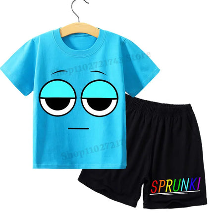 2pcs Sprunki T-shirt Shorts Set for Children Anime Cartoon Fashion Short Sleeved Shirt Pants Suit Boys Girls Summer Kawaii Suits