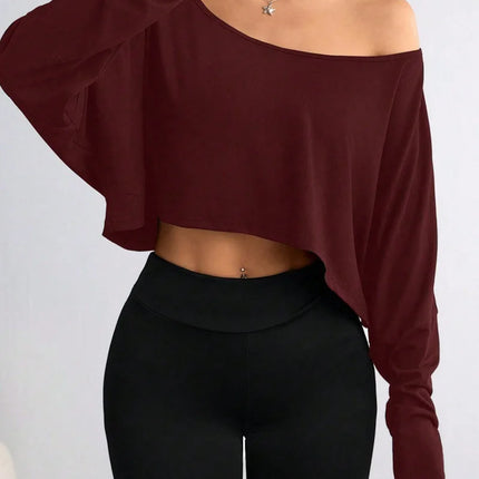 Spring 2025 Women's Loose Collar Base Fashion Crop T-Shirt Long Sleeve Casual Comfortable Line Neckline Solid Short Top