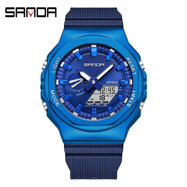 SANDA 3167 Top New Style Men Casual Military Outdoors Sport Wrist Watch Quartz 50M Waterproof Fashion Dual Display Men Watch