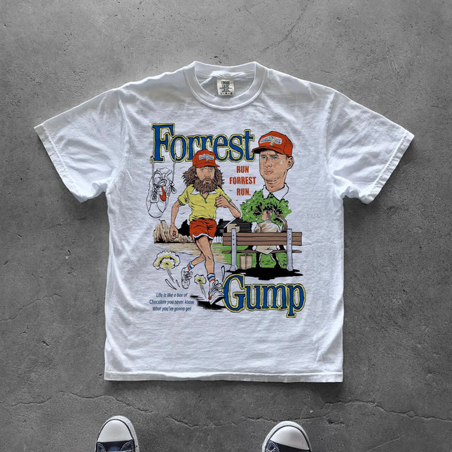 Forrest Gump Movie Themed T-shirt, Dyed Pattern T-shirt, Printed Casual Fashion T-shirt, Fan Gift T-shirt, Retro T-shirt