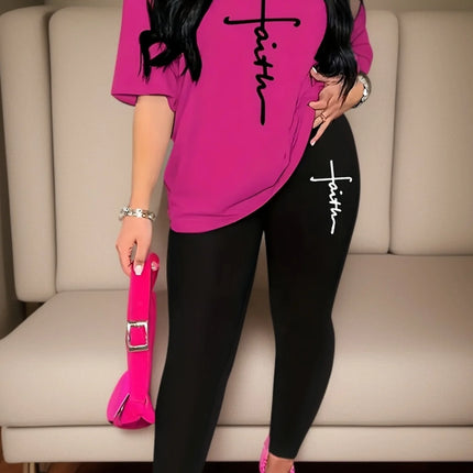 Women's Sports Outfit Set, Plus Size Abstract Figure Print long Sleeve T-shirt Top & Medium Stretch Comfy Pants Fitness Outfit