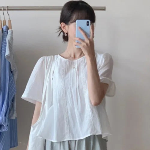 Sweet Sle Lace Trim Blouse Women's Spring Summer Fre Youthful Doll irt Gathered Paneling Romantic Forest Girl Gentle