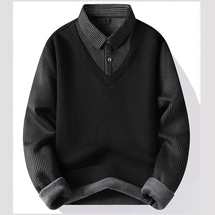 Winter Warm Thick Pullovers Men Polo Neck Fake Two Pieces Sweaters Fashion Casual Striped Fleece Lined Jumper Knitting Sweaters