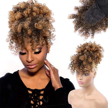 Drawstring Ponytail with Bangs Afro Puff Ponytail Extensions for Women Short Curly Puff Ponytail with Bangs Clip in Wrap Updo Ha