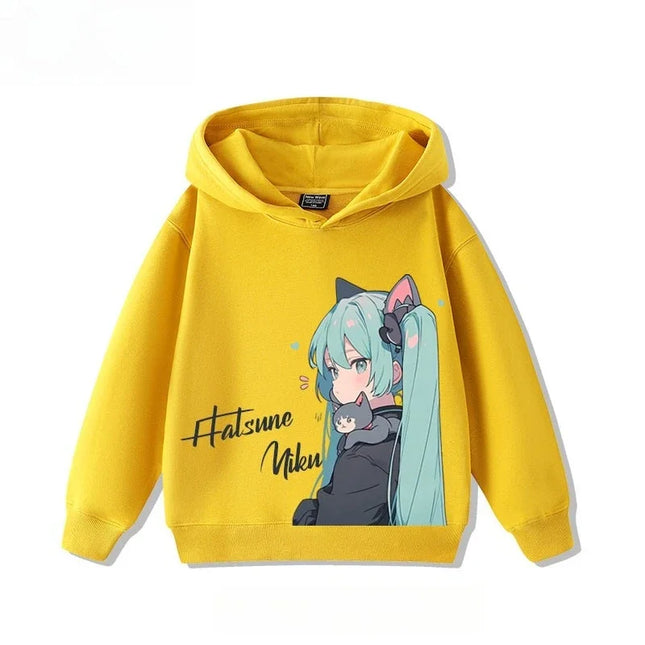 Hatsune Miku MIKU 2025 Trend Explosion Cartoon Print Children's Hooded Sweatshirt Boys and Girls Autumn Winter  All-match Tops
