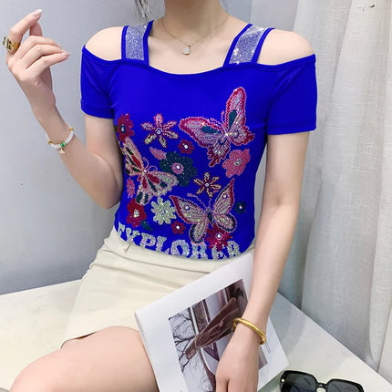 Summer Streetwear Fashion Women's T-shirt Luxury Design Butterfly Hot Diamonds Tee Sexy Off Shoulder Girls Tops European Clothes
