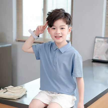 New Boys' Polo Shirt Thin Short Sleeve Mid to Large Boys' Summer Clothes Flip Collar Half Sleeve T-shirt Children's Pure Cotton