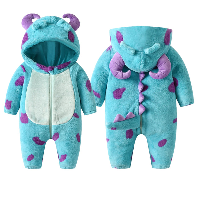 Infant Fleece Jumpsuit Cartoon Animal Horn Hooded Warm Thick Winter Rompers Outwear Snowsuit for Baby Girls and Boys