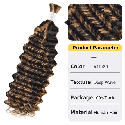 12A Human Braiding Hair for Boho Braids Color 613 27 Highlight Deep Wave Bulk Human Hair for Braiding Knotless Wet and Wavy Wigs